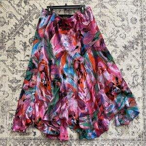 Vtg Bob Mackie MIDI Multicolor Abstract Print A-Line Handkerchief Hem Skirt Sz L